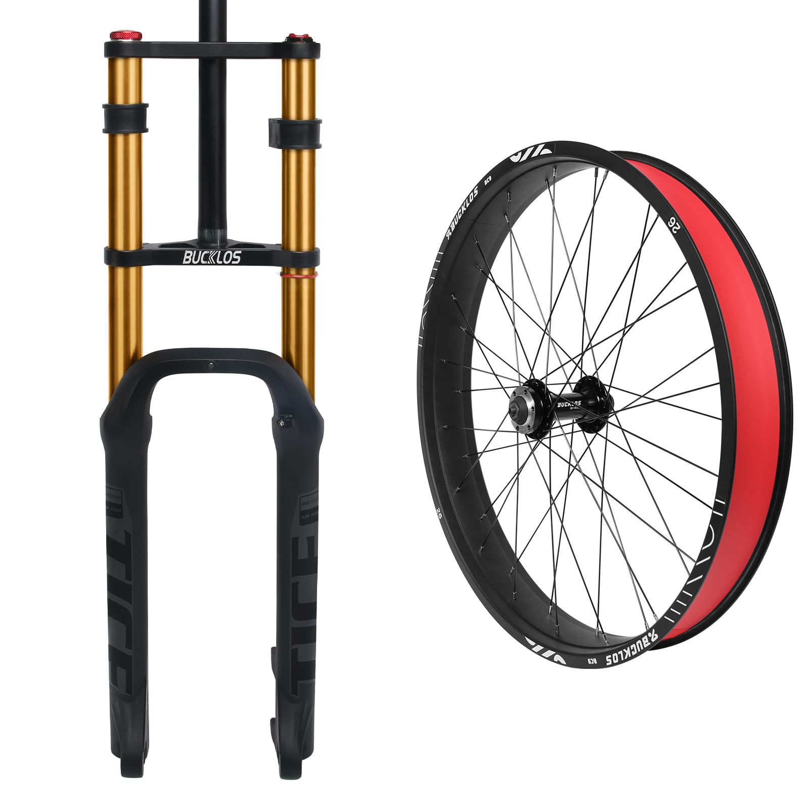 BUCKLOS 26 inch 4.0 Fat Tire E-Bike Air Suspension Fork & 26 x 4.0 Inch Fat Tire Bike Wheel Front Mountain Bicycle Rim 135mm Hub 9mm Quick Release Wheelset Aluminum Alloy Disc Brake 36 14G Spoke