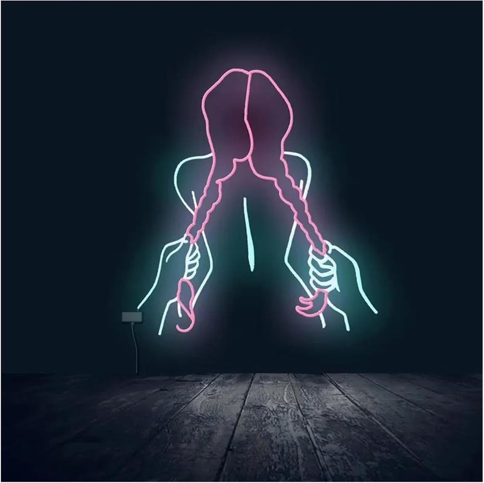 Insegna al neon con lettere colorate e illuminazione interna corpo femminile