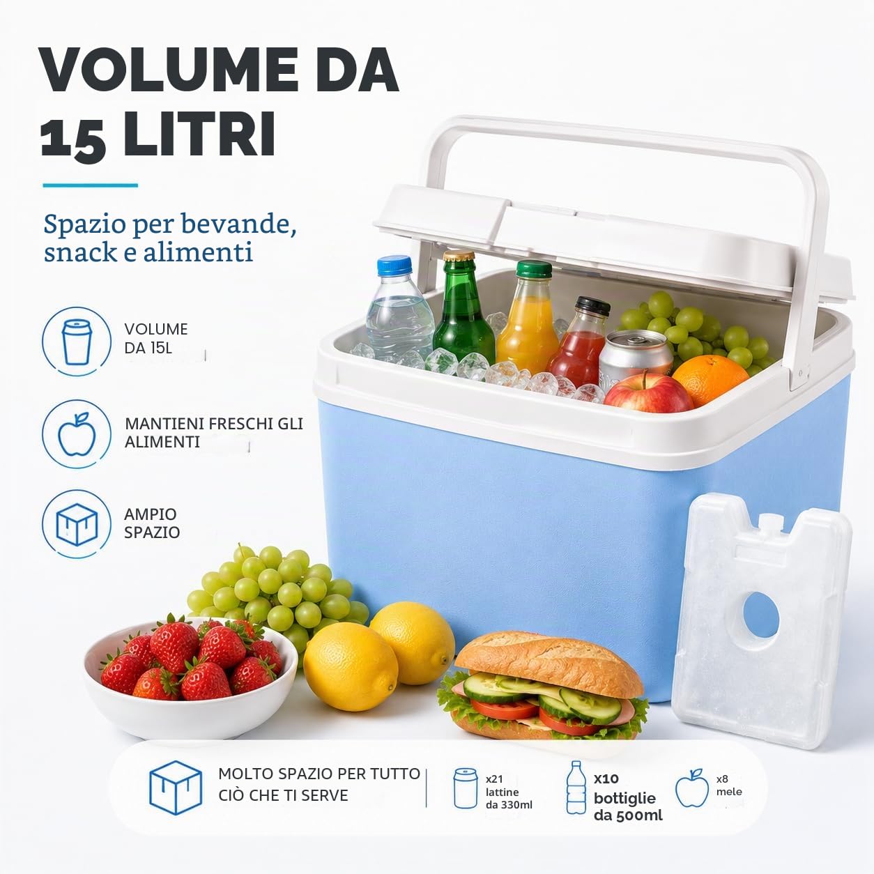 Borsa frigo da 15 litri con elemento refrigerante e mattonelle di ghiaccio, scatola termica per un raffreddamento extra lungo, ideale come borsa frigo