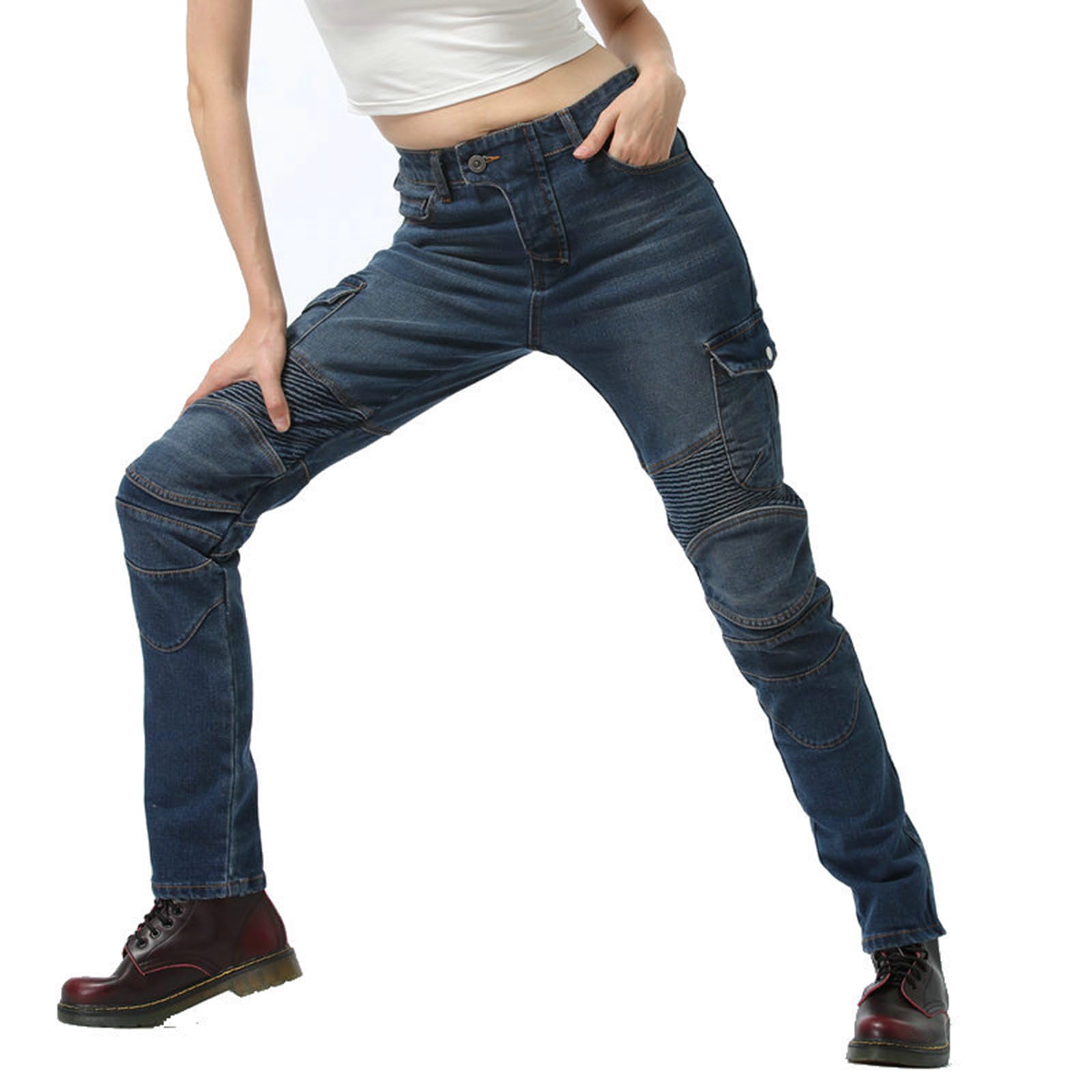 Generisch Pantalones vaqueros de moto para mujer, ajustados, con protectores, protectores de rodilla y cadera, modishes biker pantalones para mujer pantalones vaqueros elásticos vaqueros vaqueros de