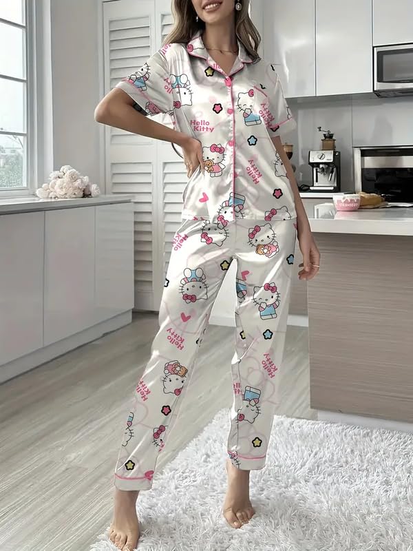 Image of Night Suit for Women with Full Sleeve Button-Down Top with Pant Dress for Woman,Night Dress for Woman, Two-Piece Loungewear Set
