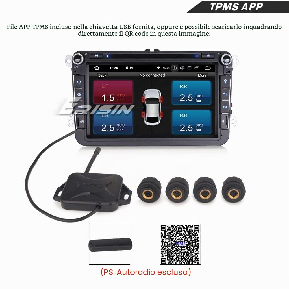 Erisin USB TPMS Modulo Strumento Pressione Pneumatici 4 Sensori Esterni per Android 10/11/12 Autoradio