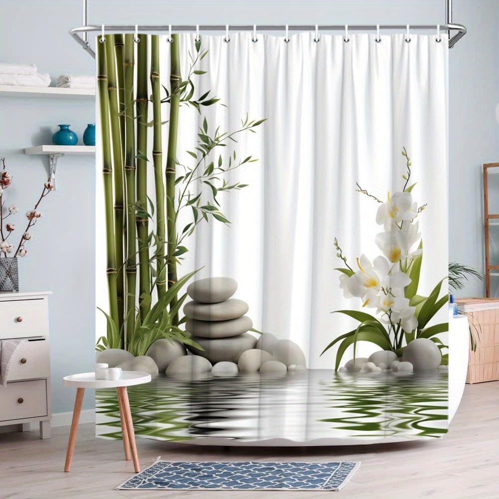 Glksdlpo Shower Curtain [1Pc Zen Bamboo ] Serene Tall Bamboo Stalks & White Orchids Design, Reflective Water & Pebbleswith 12 Hooks(165X200cm/65X79in(Wxh))