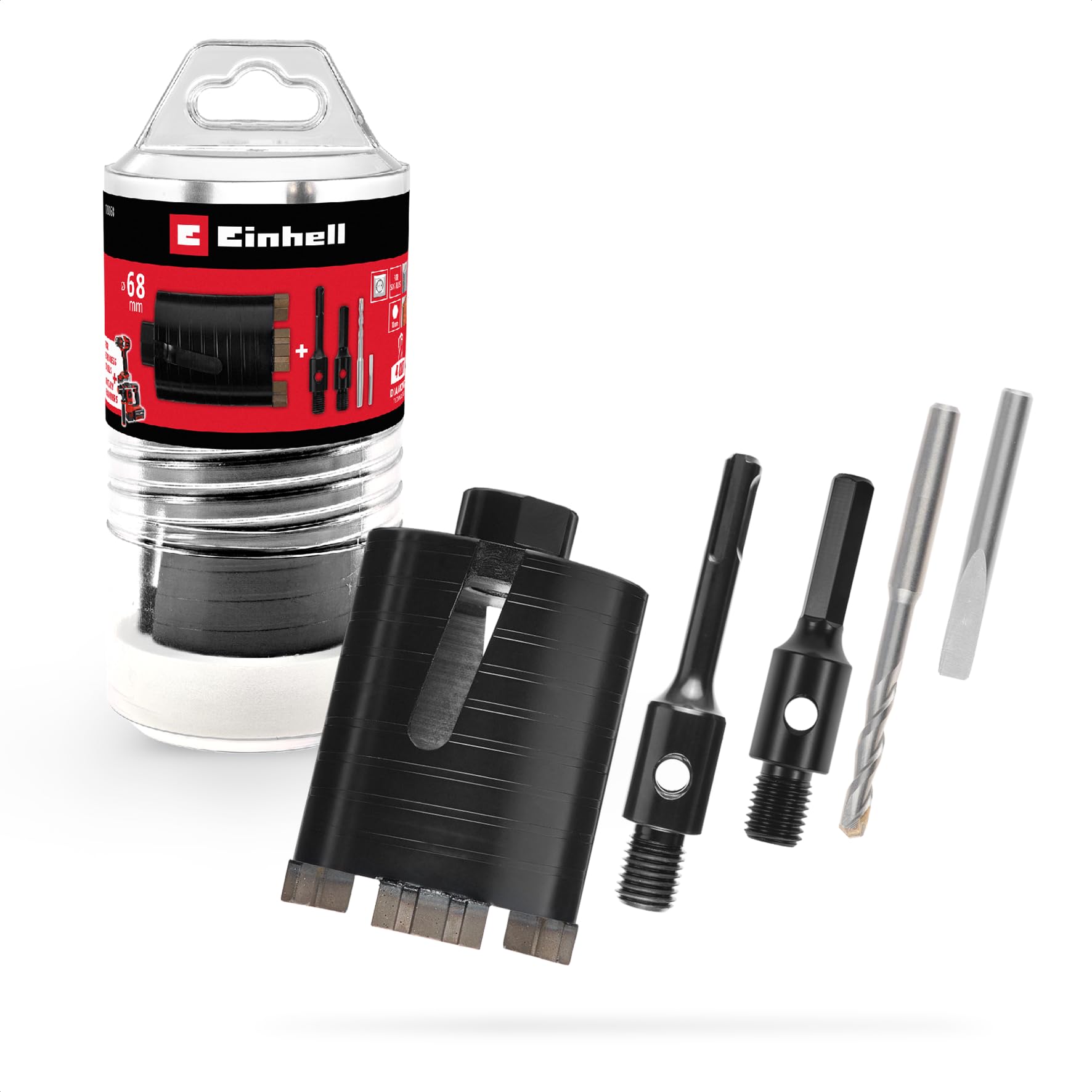 Original Einhell Diamant-Hohlbohrkrone Ø 68 mm (Diamantsegmente, effiziente Staubabfuhr, Adapter, exakte Bohrführung, SDS-Plus Schaft)