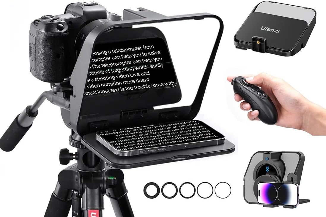 Ulanz i RT02 Foldable Teleprompter compatible with Camera, Mobile Phone, Tablet, Broadcast, Presentations | Easy to Use w/ Cold Shoe Extension | 58/67/72/77/82mm Adapter Rings + Bluetooth Remote