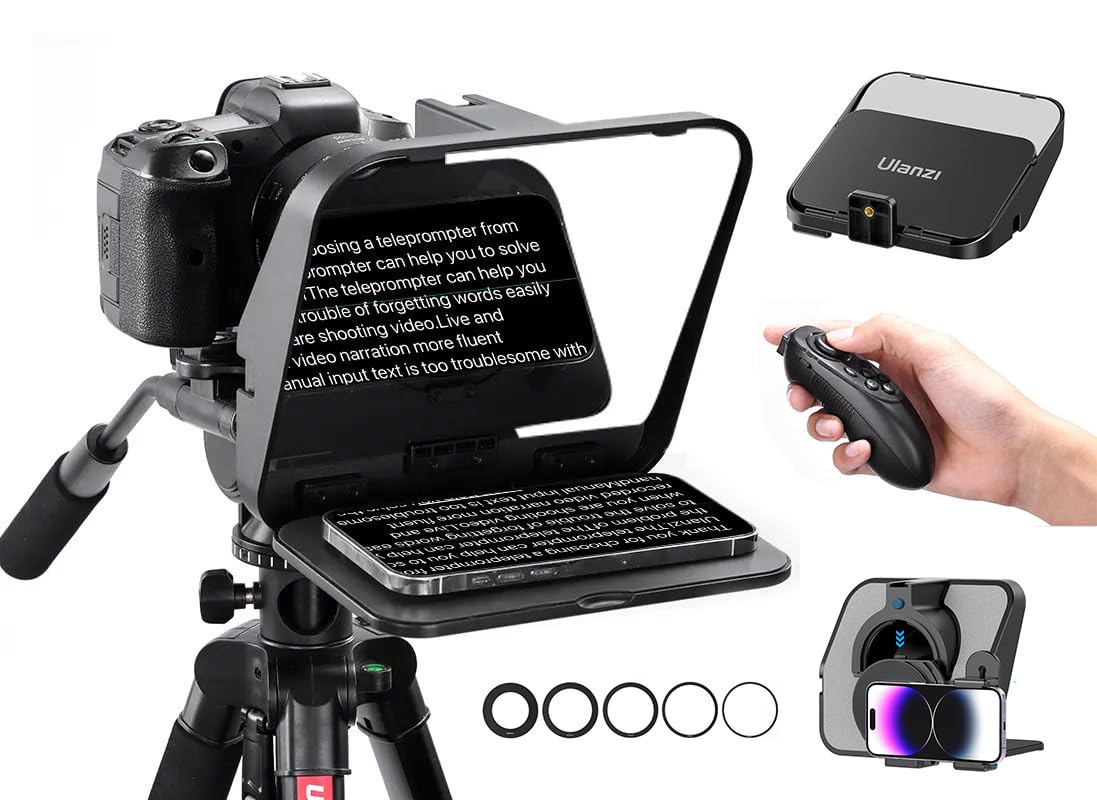 Ulanz i RT02 Foldable Teleprompter compatible with Camera, Mobile Phone, Tablet, Broadcast, Presentations | Easy to Use w/ Cold Shoe Extension | 58/67/72/77/82mm Adapter Rings + Bluetooth Remote
