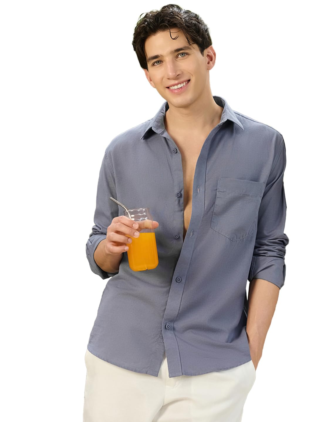 Bewakoof Men's Solid Regular Fit Full Sleeve Collared Neck Cotton Linen Blend Shirt_677613_Grey_M