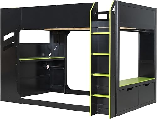 Miniatura 15 de Cama loft de madera para juegos de tamaño matrimonial con escritorio para computadora y luces RGB, cama para juegos, armario abierto integrado y