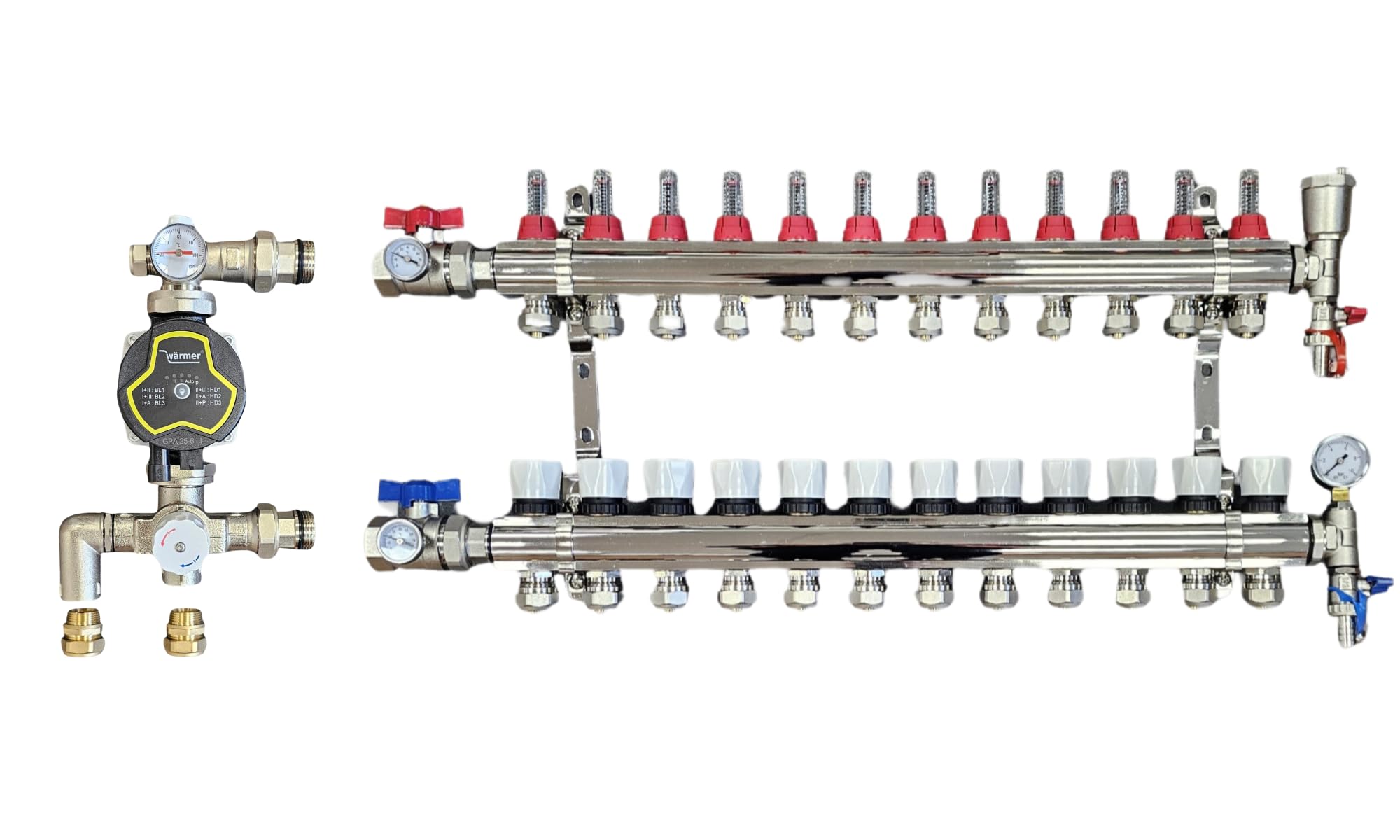 Wärmer System 12 Port Underfloor Heating Manifold with 'A' Rated Auto Pump GPA25-6 III and Blending Valve Set