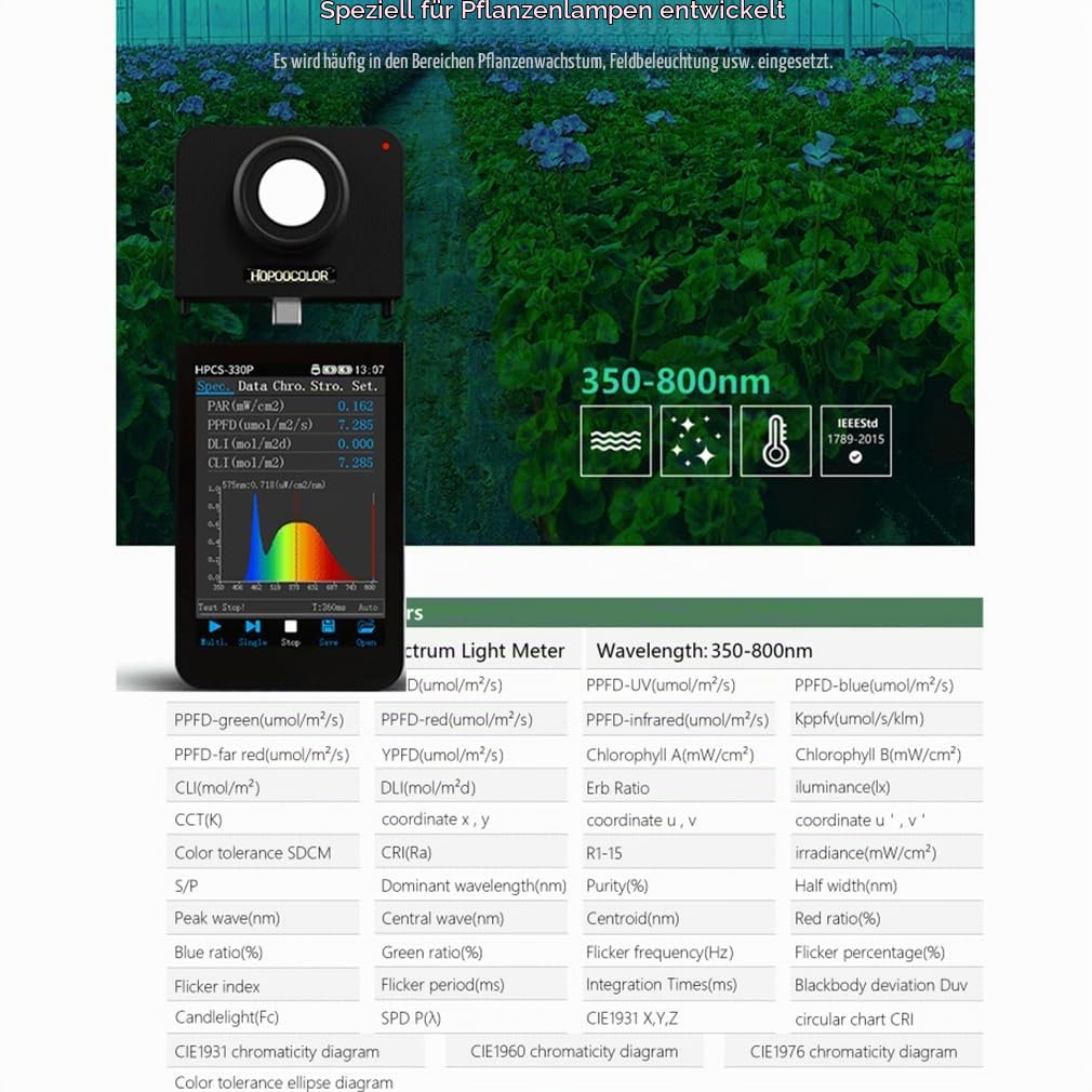 Spektrometer PPFD PAR Meter HPCS-330P Lichtmessgerät Analysator Beleuchtungsstärkemessgerät 350-800 nm Drahtlose Verbindungen