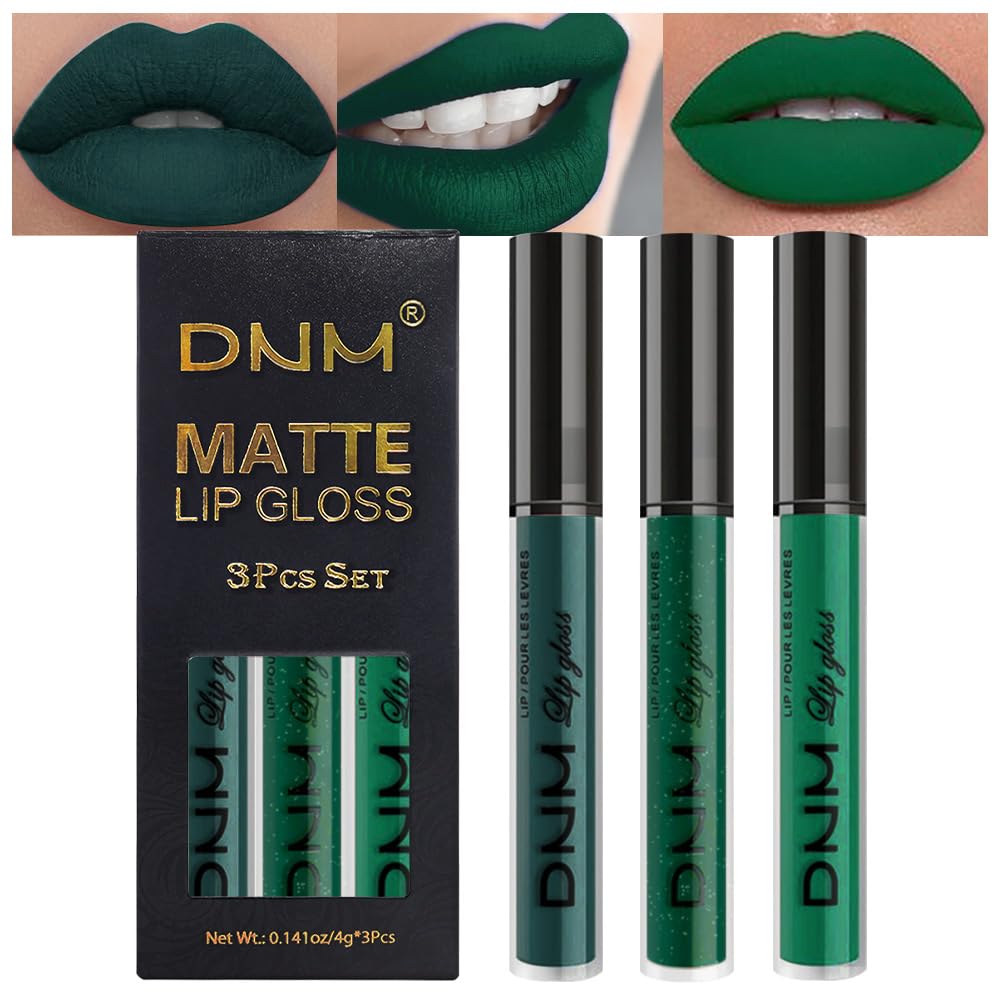 evpct 3Pcs Dark Deep Forest Green Shimmer Matte Liquid Lipstick Lip Stain Sets for Women Matte+Lipstick Long Lasting Waterproof Permanent 24 Hours