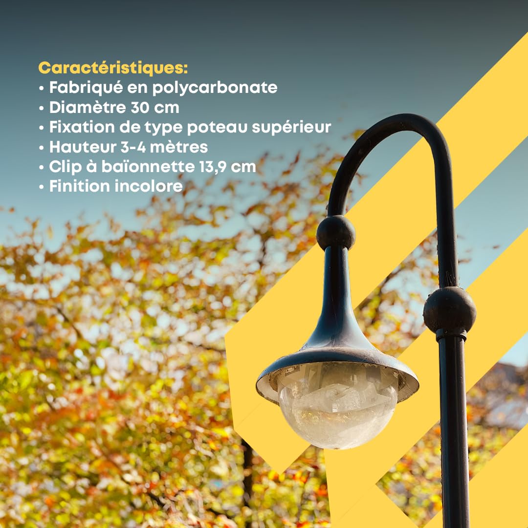 Diffuseur Sphérique - Remplacement Globe - Éclairage Public - Luminaire Extérieur - Polycarbonate Incolore - Dimensions : Ø 30 cm - Poignée Baïonnette : 13,9 cm