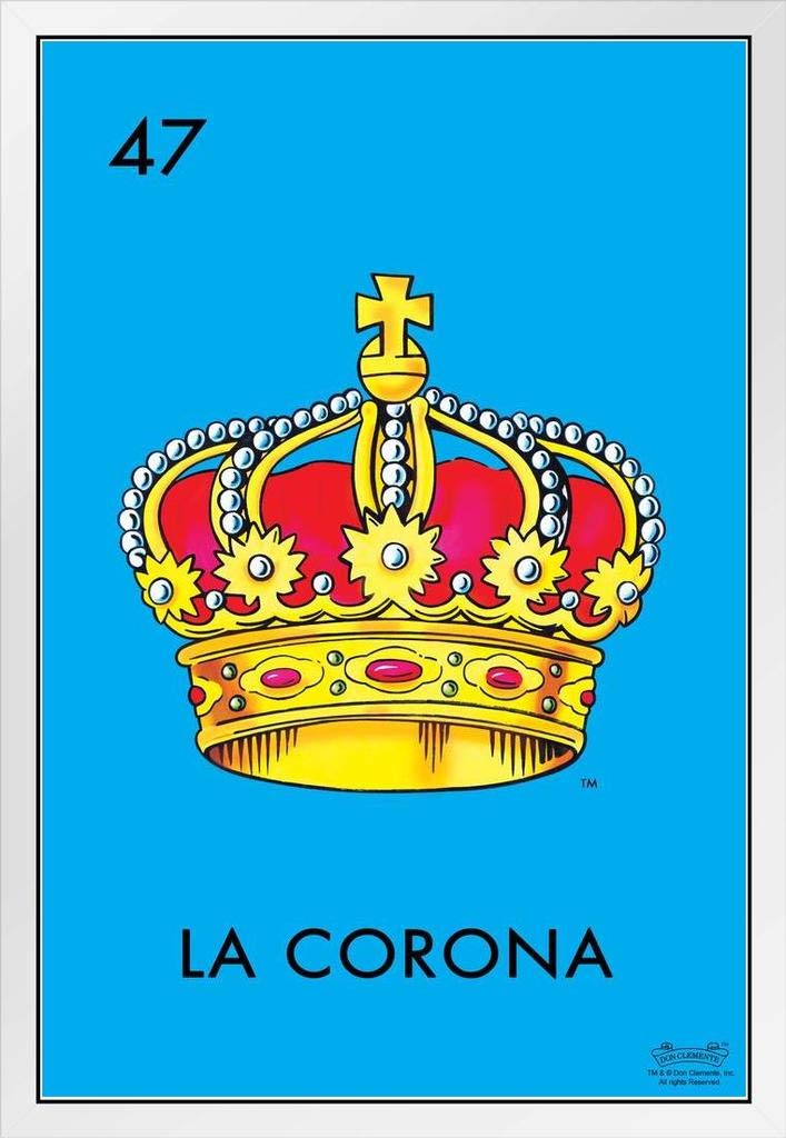 47 La Corona Crown Loteria Card Mexican Bingo Lottery White Wood Framed Poster 14x20