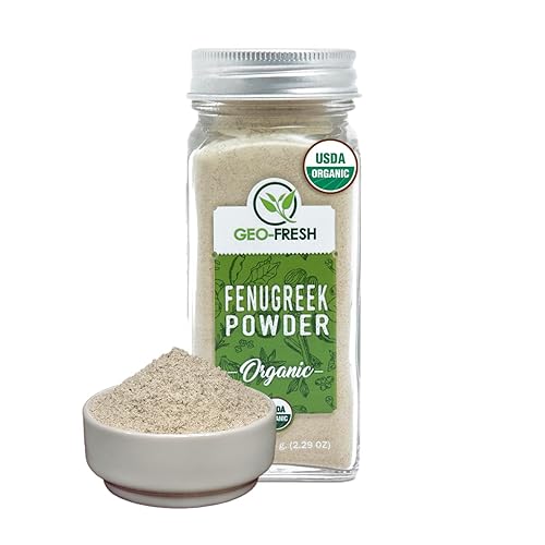 Geo-Fresh Polvo de fenogreco orgánico  2.29 oz (65g)  Polvo de fenogreco orgánico  Especias molidas para cocinar  Certificado USDA  Kosher, sin OMG,