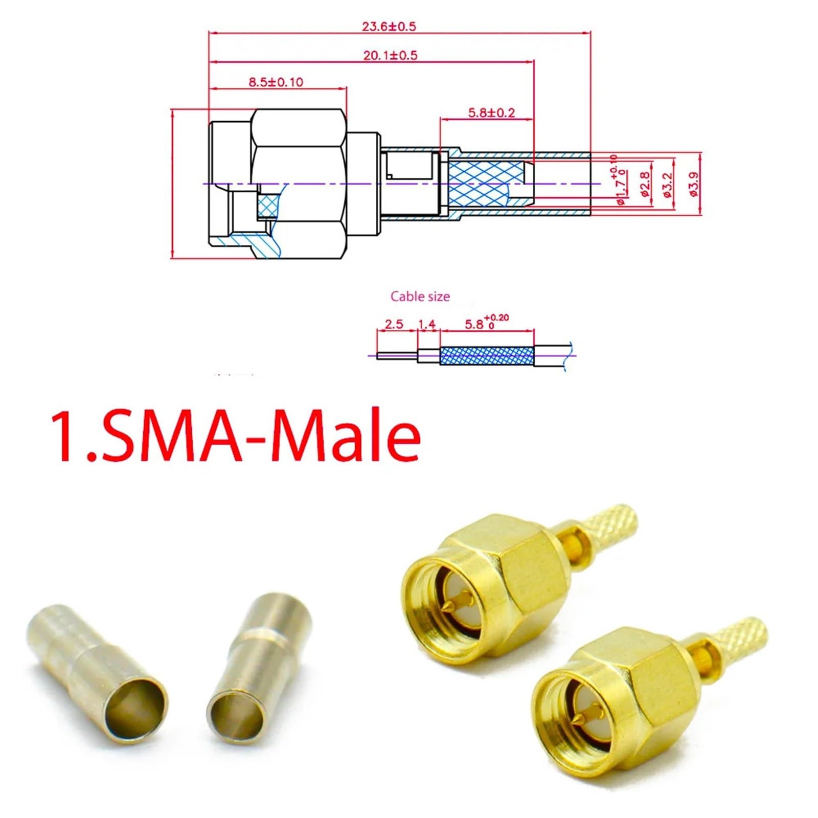 SMA Connecteur mâle femelle à sertir pour fenêtre RP Écrou central Adaptateur de cloison (type 1, 20 pièces)