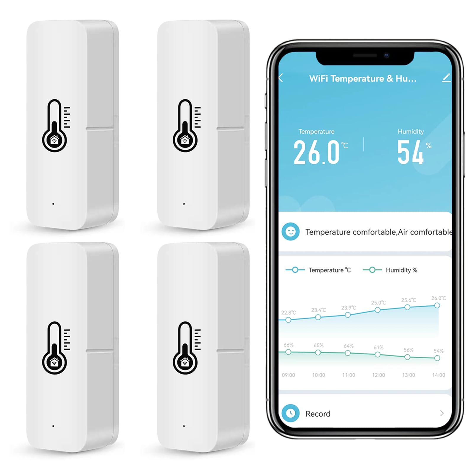 WiFi Thermometer Hygrometer Innen, Mini Thermometer Raumthermometer mit App Fernbedienung, Temperatur Luftfeuchtigkeitmessgerät mit Datenspeicherung für Gewächshaus, Kompatibel Alexa Google Home 4PCS