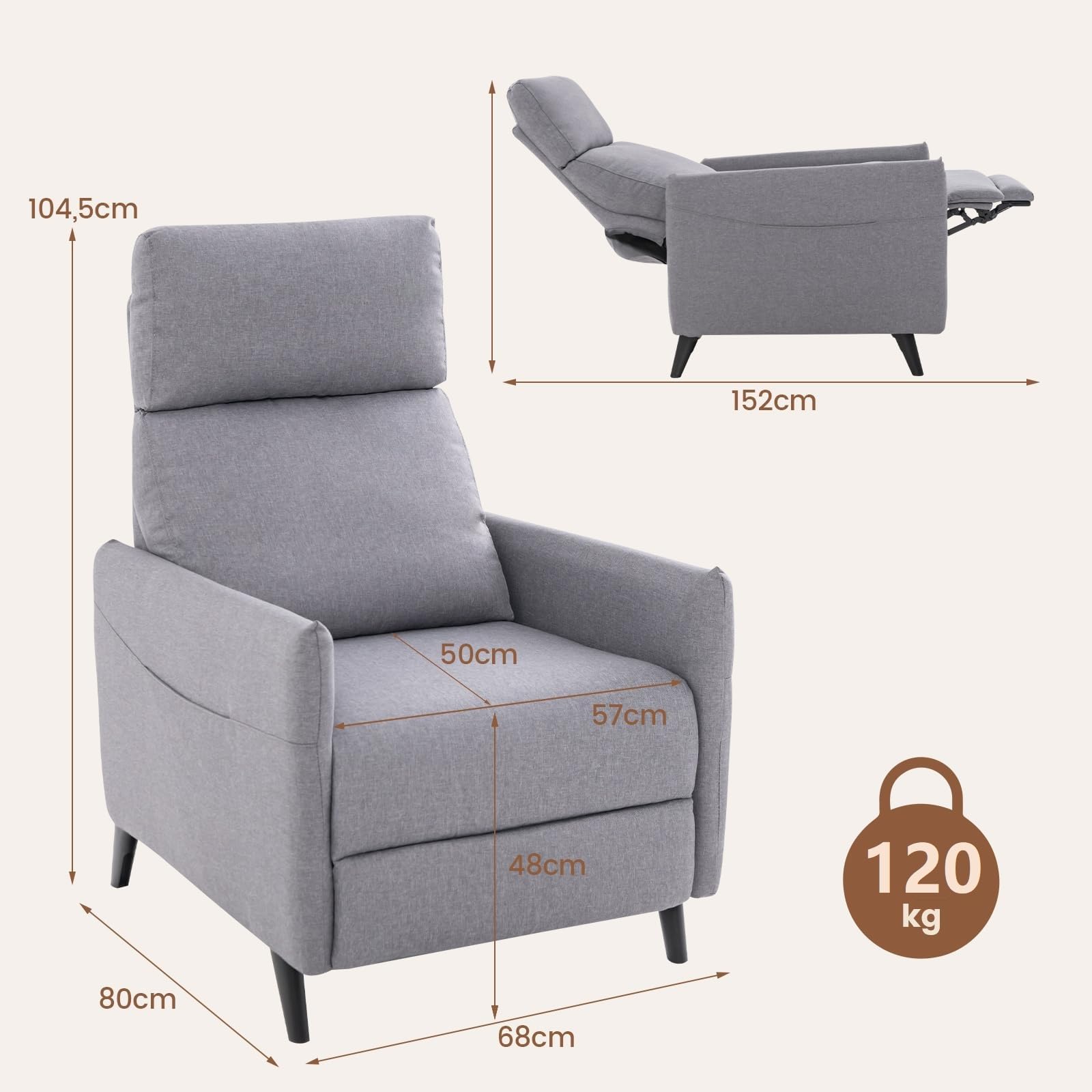 COSTWAY Sillon Relax Reclinable 102/112/140°, Respaldo y Reposapiés Ajustables, Tela de Lino, Sillones para el Salón con Asiento Acolchado Suave, Sillon Orejero (Gris Claro)