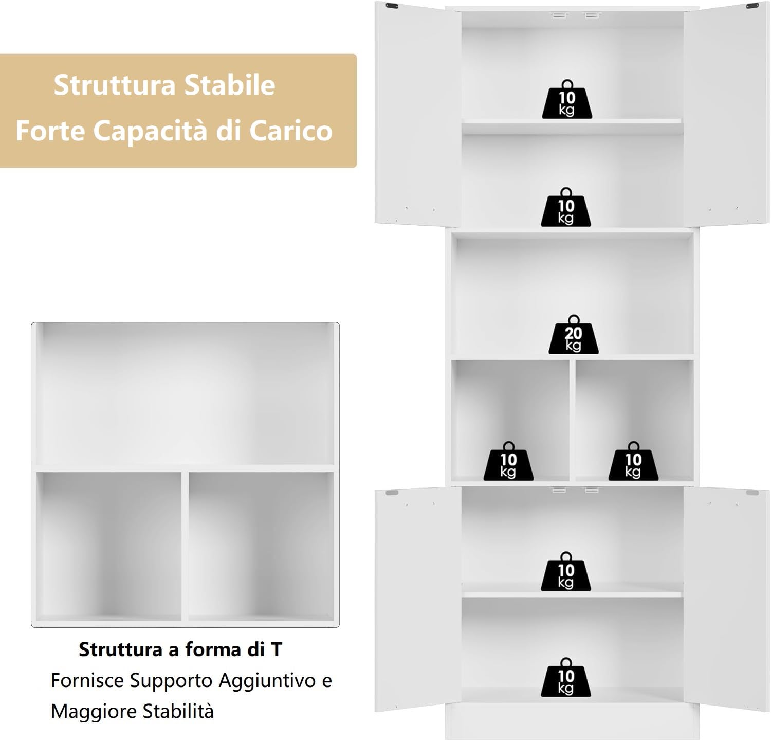 FirFurd Colonna Bagno,Mobile Bagno Alto con 4 Ante e Vani Apert Bianco | Colonna Bagno da Terra,Mobiletto Portaoggetti con Ripiani Regolabili/Rimovibili,per Soggiorno, Camera, Cucina,180.5x60x40cm