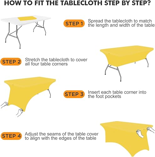 Miniatura 4 de Paquete de 2 manteles rectangulares ajustables de 6 pies, color amarillo, tela elástica, de licra, de 6 pies, sin arrugas, para fiestas, ferias,