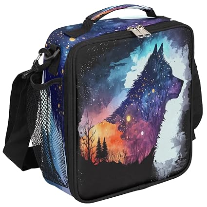 Watercolor Wolf Starry Sky Lunch Bag Insulated Lunch Box For Boys Girls Reusable Portable Leakproof Lunch Bags Thermal Cooler Bag with Shoulder Strap for Women Men Picnic Travel Work