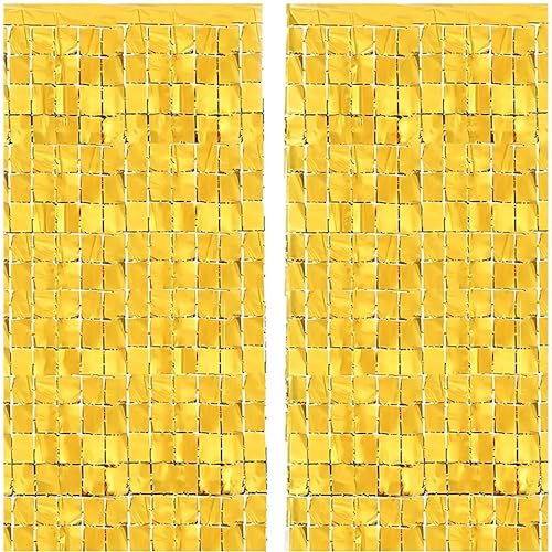 Birthday Popper Golden Square Foil Curtain (2 Pack; 3.5ft x 6.5ft Each) Metallic Backdrop Streamers for Party Birthday, Haldi Ceremony, Baby Shower, Cradle, Wedding Decorations…