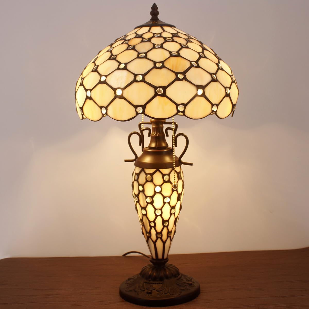 WERFACTORY Tiffany Lamp Shade Replacement 12X6 Inch Cream Amber Stained Glass Bead Lampshade Only with Cap fit for Table lamp Pendant Light Ceiling Fixture (Part Not Included)