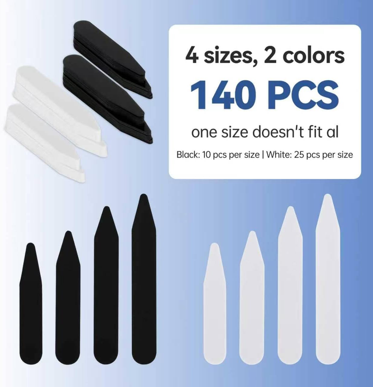 140PCS Shirt Collar Stays, 4 Sizes Black & White for All Collar Styles