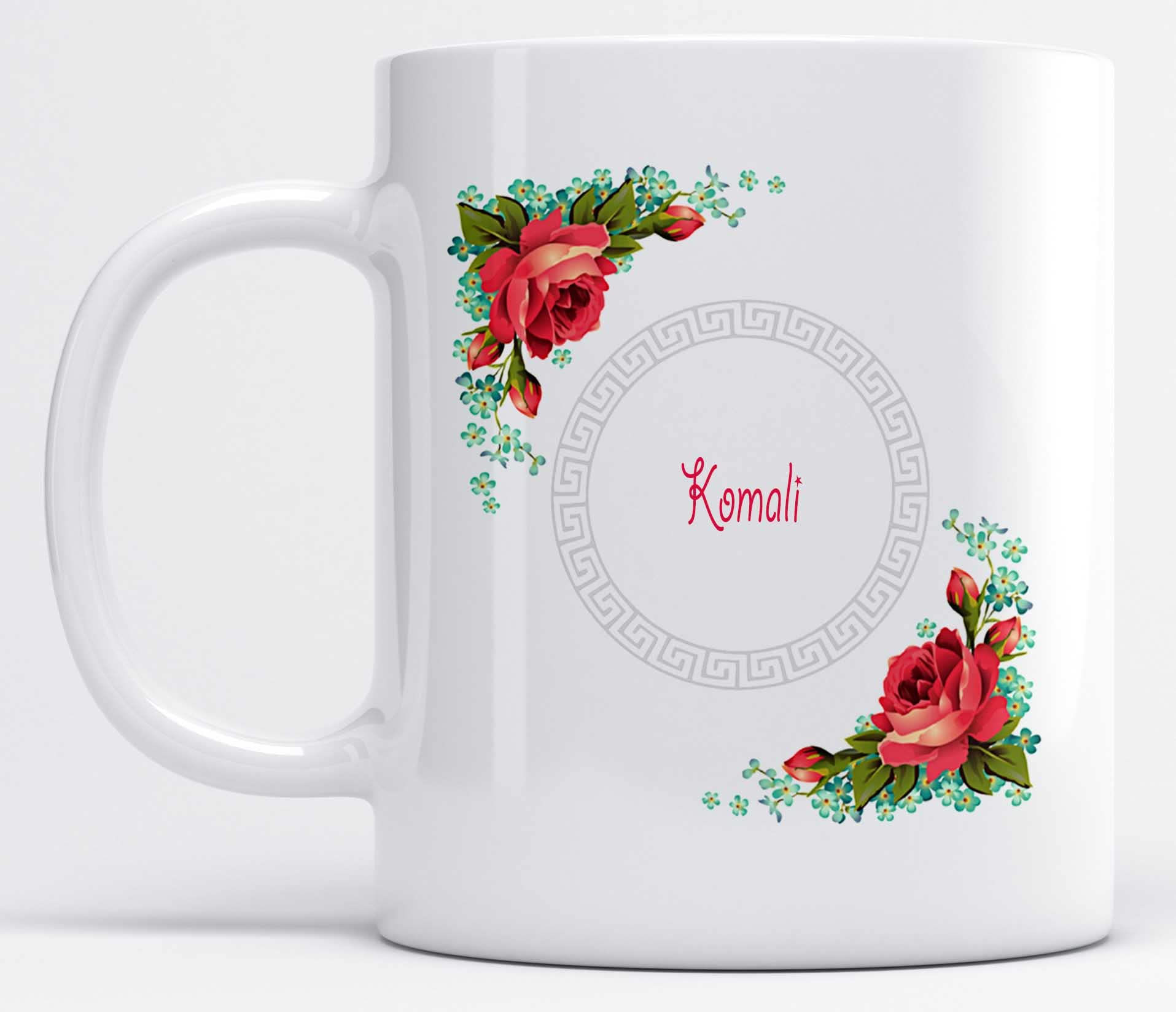 LOROFY Beautiful Floral Design Name Komali Printed Ceramic Coffee Mug (350ML)