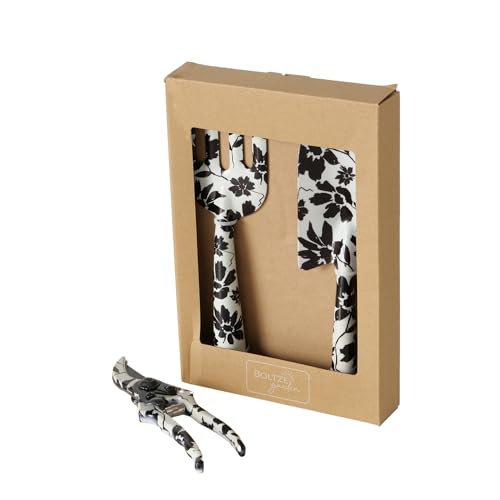 BOLTZE Esra 2055386 Lot de 3 Outils de Jardin en métal Beige/Noir 28 x 8 x 3 cm Design Floral Pelle, Fourchette à Fleurs, sécateur, Aide de Jardinage, Accessoire de Jardin