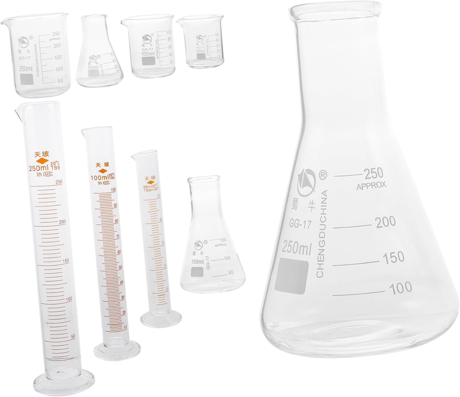 9pcs Glass Laboratory Supplies Includes Beakers Measuring Cylinders Conical Flasks Accurate Measurement Tools for Scientific Experiments