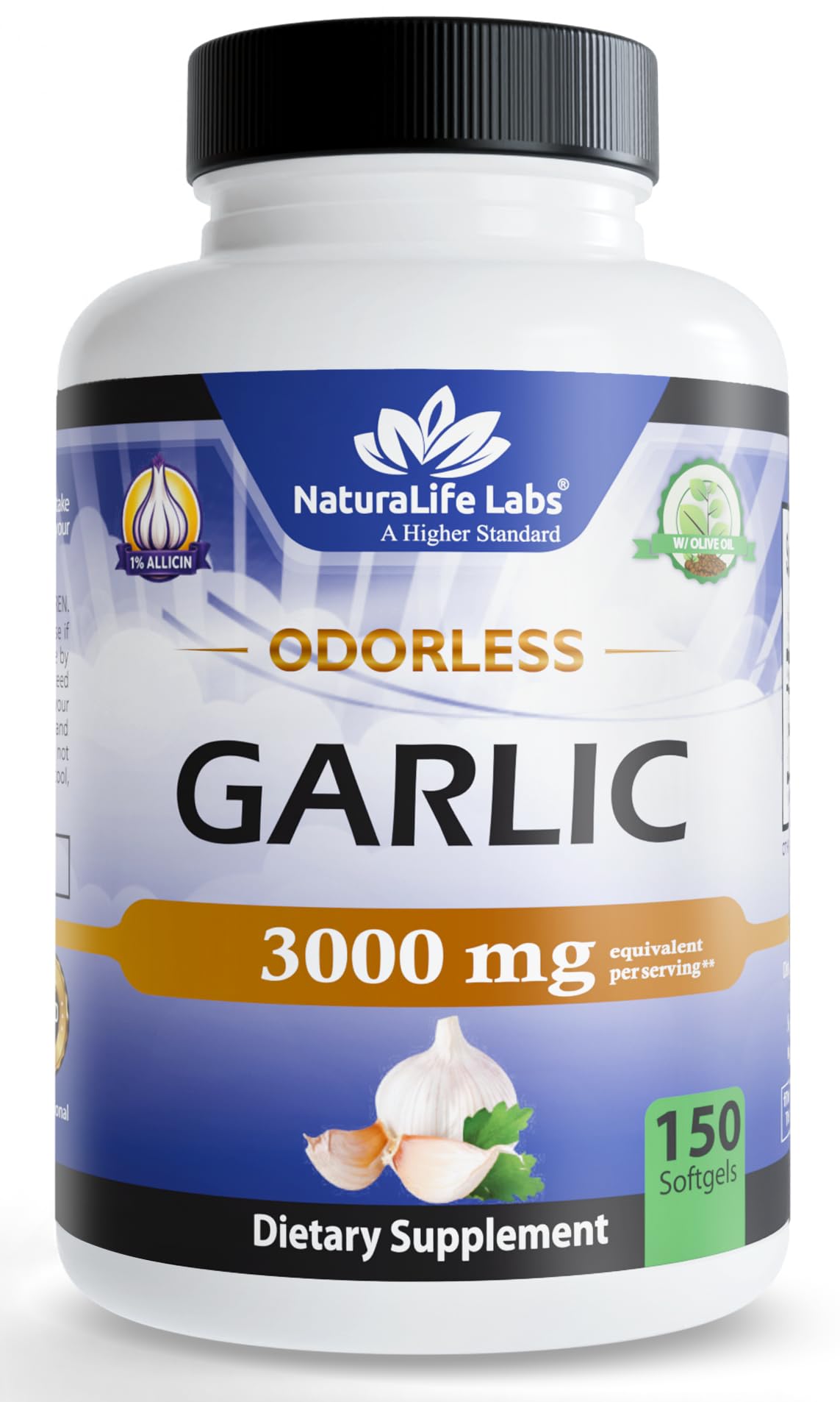 NaturaLife Labs Odorless Ail – 3 000 mg Équivalent par portion – 150 Softgels – Extrait concentré de bulbe d'ail avec huile d'olive extra vierge biologique – Non-OGM, sans gluten