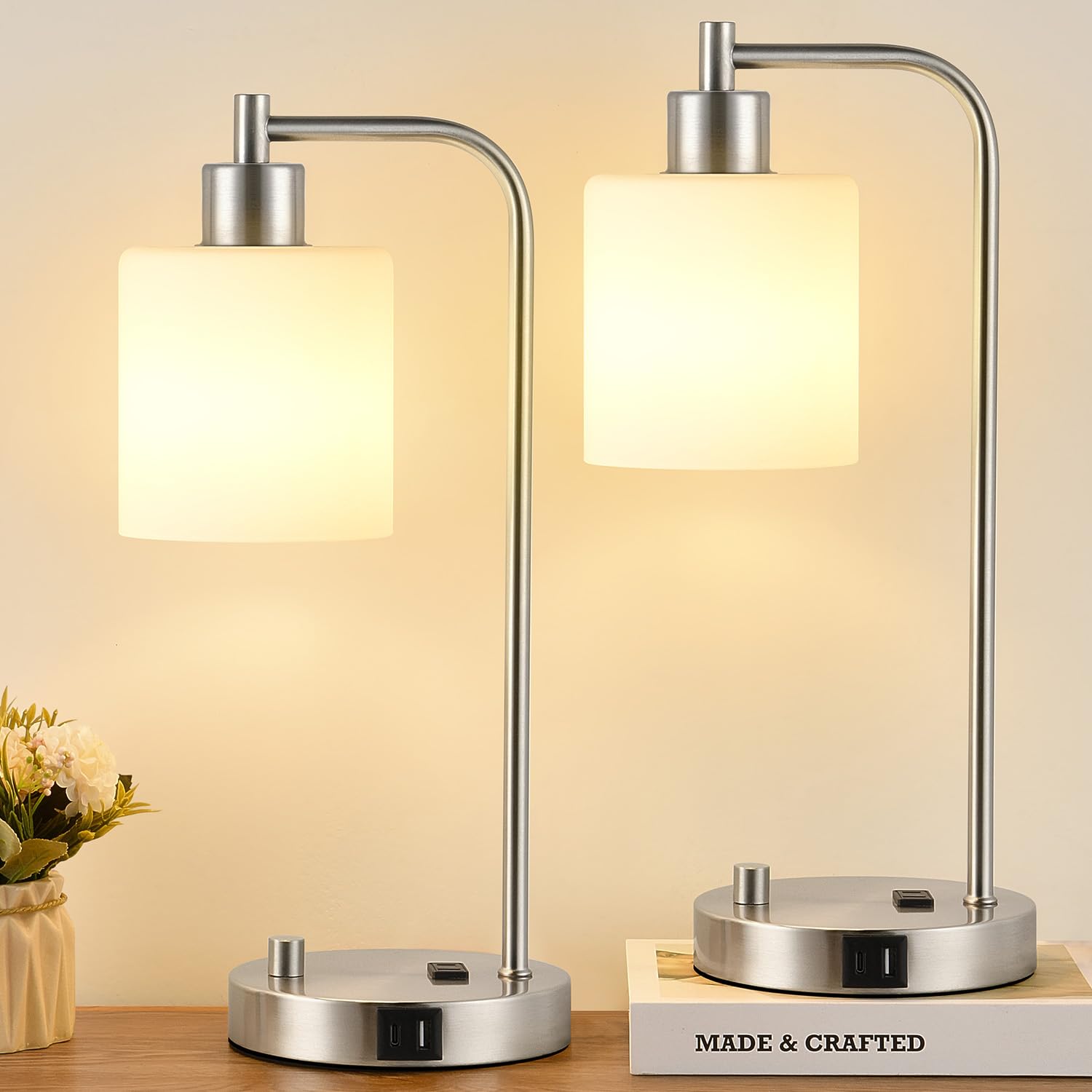 Lynnoland Set of 2 Industrial Table Lamps with USB C+A Ports and Outlet, Brushed Nickle Fully Stepless Dimmable Bedside Lamps, Nightstand Lamp with Opal Glass Shade for Reading Office (2 LED Bulb)