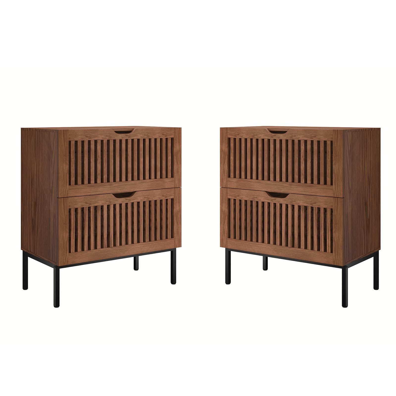 Farmhouse Nightstand with 2 Drawers, Set of 2 Large 2 Drawers Wood Bedside Table Night Stand, Wide Sofa Side End Table Chest of Dresser for Living Room, Bedroom, Brown, 28 inch