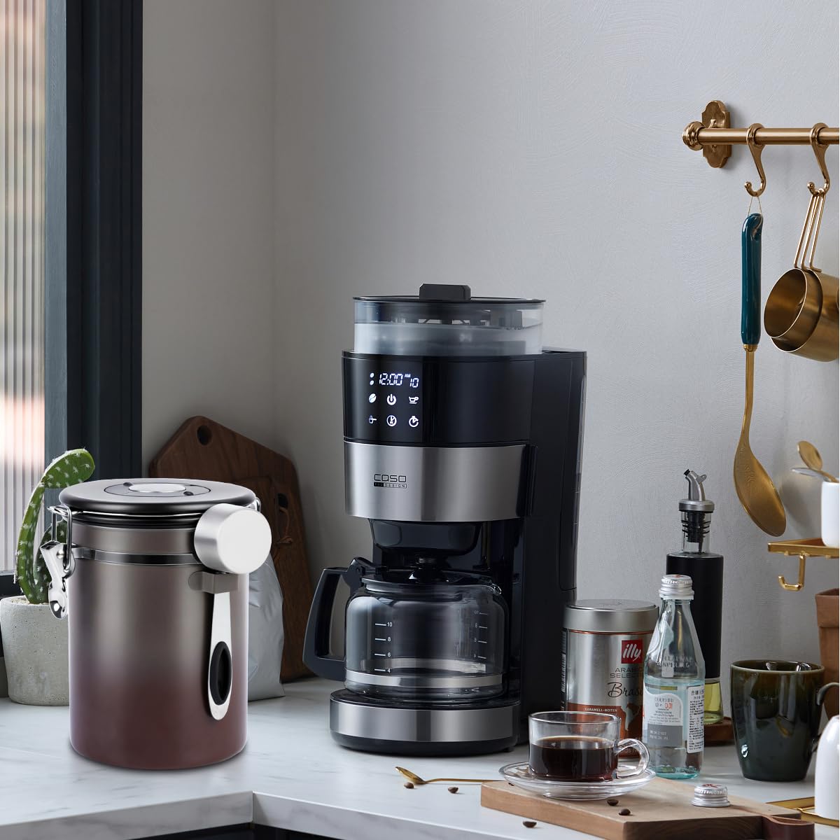 Luftdichte Edelstahl Kaffeedose, Vakuum Kaffeebehälter Kaffeebohnen Vorratsbehälter mit Datumsverfolgung, CO2-Freigabeventil und Messlöffel, für Tee Nüsse Kakao Frisch 1,8L (2er Set - Grau Braun)