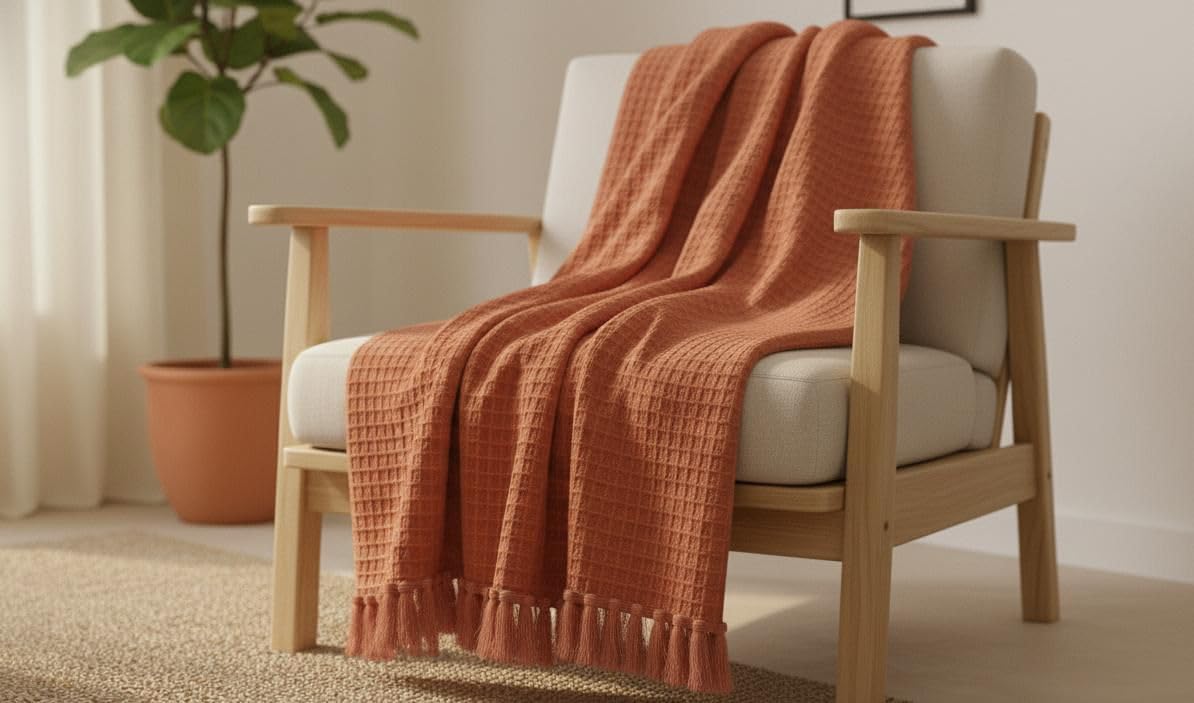 Waffle Knit Throw Blanket with Tassels, Terracotta, Soft Cosy Wrap for Sofa and Chair-image-11