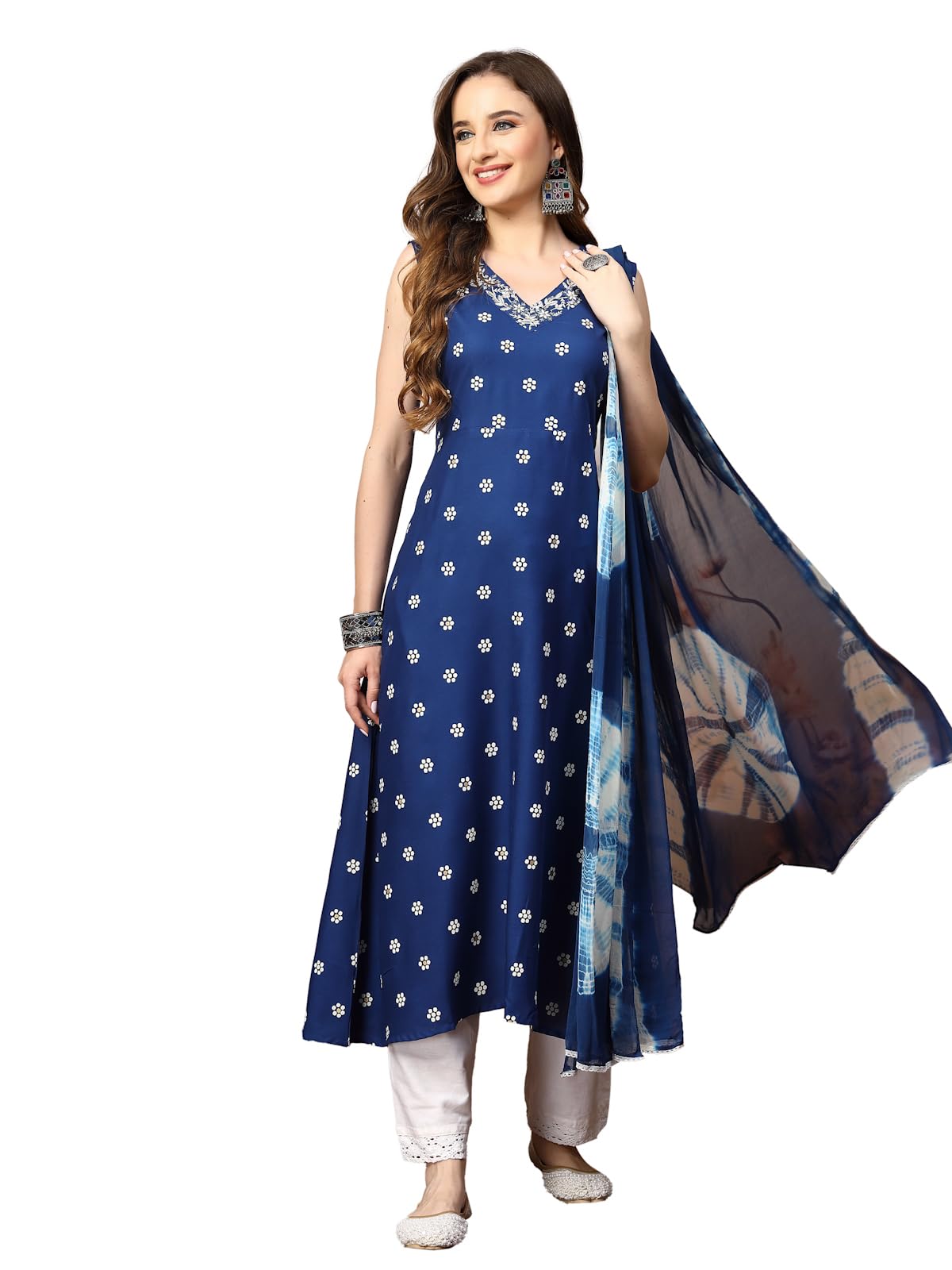 Stylum Women's Floral Printed & Embroidered Rayon A-Line Kurta Dupatta Set (Kdroyalrasna34_Royal Blue, Xs)
