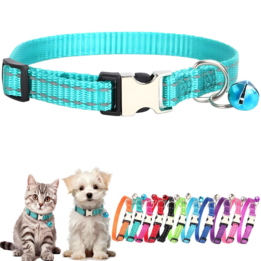 Teal XS Dog Collar With Bell, Reflective Puppy Collar Metal Buckle Cat Collar With Bells Adjustable For XXS XS Tiny Little Extra Small Breed Dogs Kitten Boys Girls Male Pets Like Chihuahua, X-Small