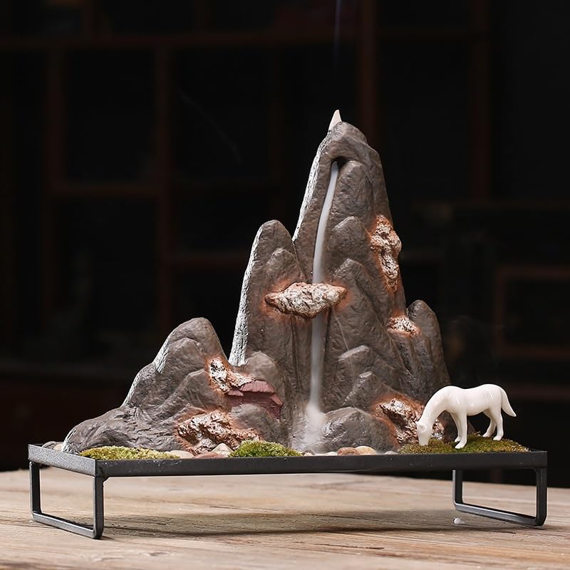 Quemador de Incienso Porta Conos, Quemador de Incienso reflujo Metal cerámico Agua Que Fluye montaña 32x14,8x28cm