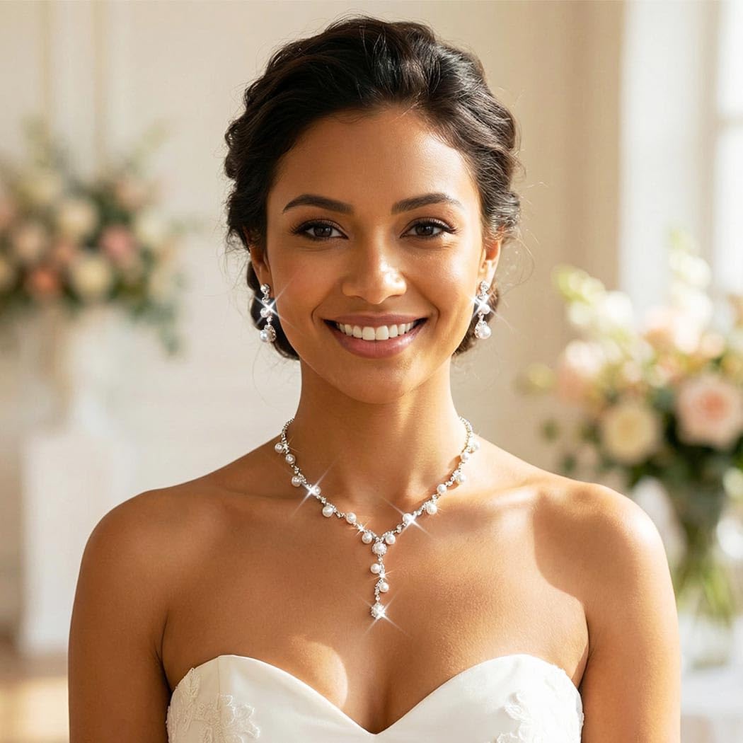 Unicra Silver Pearl Bridal Wedding Jewelry Set Rhinestone Necklace Earrings Bracelet Sets Formal Costume Jewelry for Women and Brides - Image 6