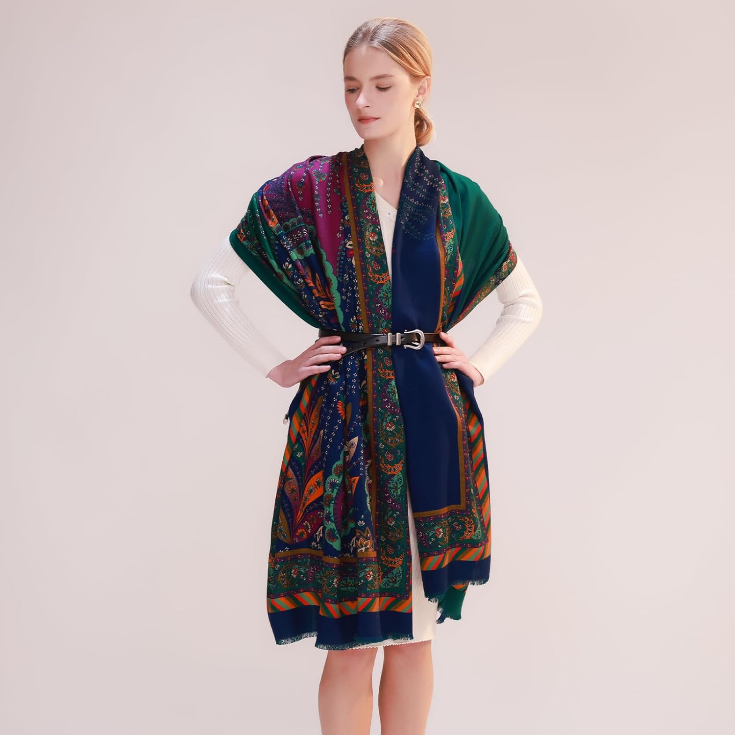 DANA XU Double-Sided Reversible 100% Merino Wool Pashmina Shawl and Wraps for Women Extra Large Soft for Dresses and Travel - Image 6