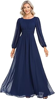 Women's Crewneck Long Lantern Sleeves Floor Length A-Line Pleated Chiffon Formal Dress 0106B