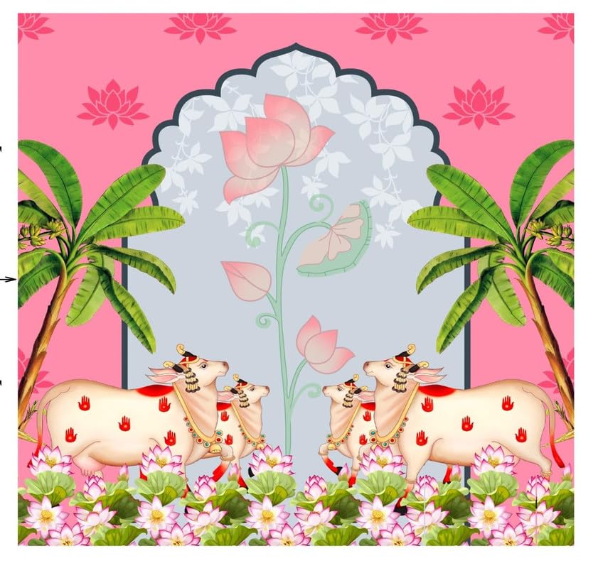 Image of laxmi Devi Backdrop Cloth | gomatha backdropss | pichwai Backdrop Cloth decorationss (8x8 FEET) Banana Tree 4 Cows | Cow Backdrop | pichwai Backdrop | varamahalakshmi backdrops