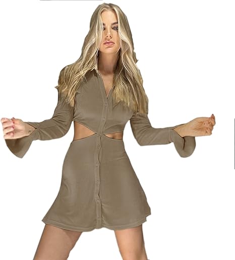 Amazon Co Jp カーキ色の女性の夏の長袖シャツドレスの女性のセクシーなドレス カーキ L 服 ファッション小物