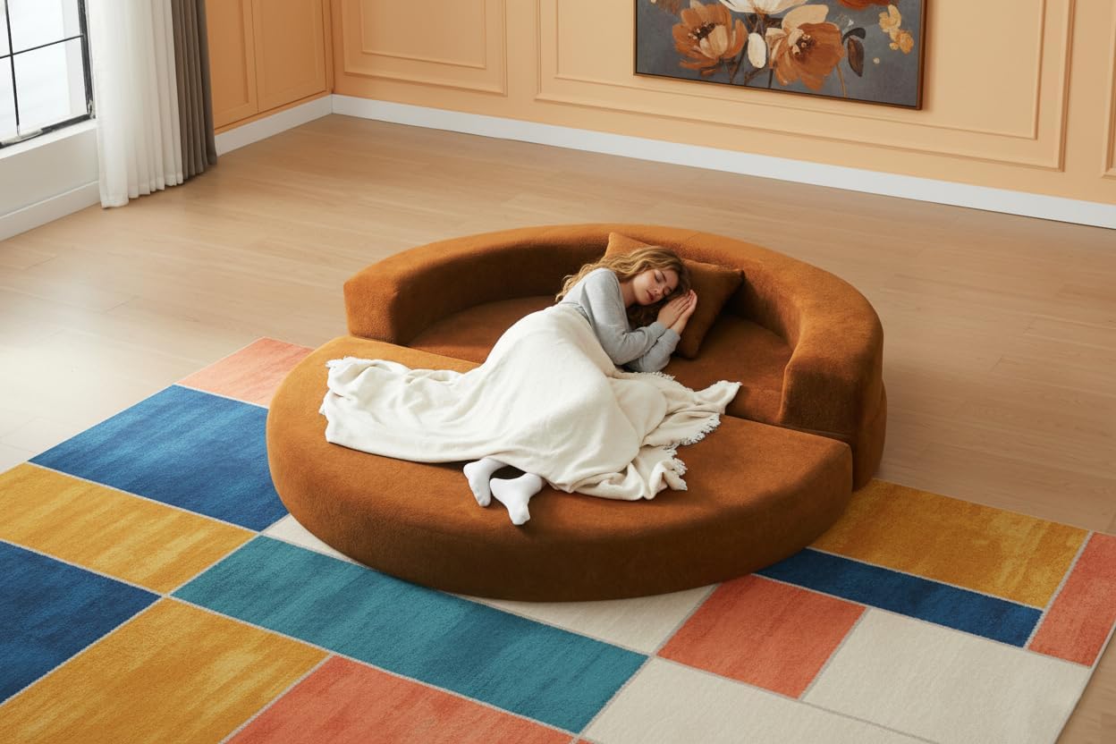 71" Convertible Round Sofa Bed, Velvet Folding Floor Couch with Armrests & 2 Pillows, Boneless Loveseat Sleeper for Living Room, Apartment, Playroom, Orange
