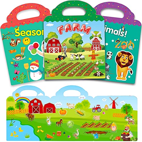 Reusable Sticker Book For Kids 2-4, 3 Sets Educational Learning Toys Travel Stickers Activity Books For Toddler Age 2+ Birthday Gifts - Farm, Seasons & Animals #TOP4