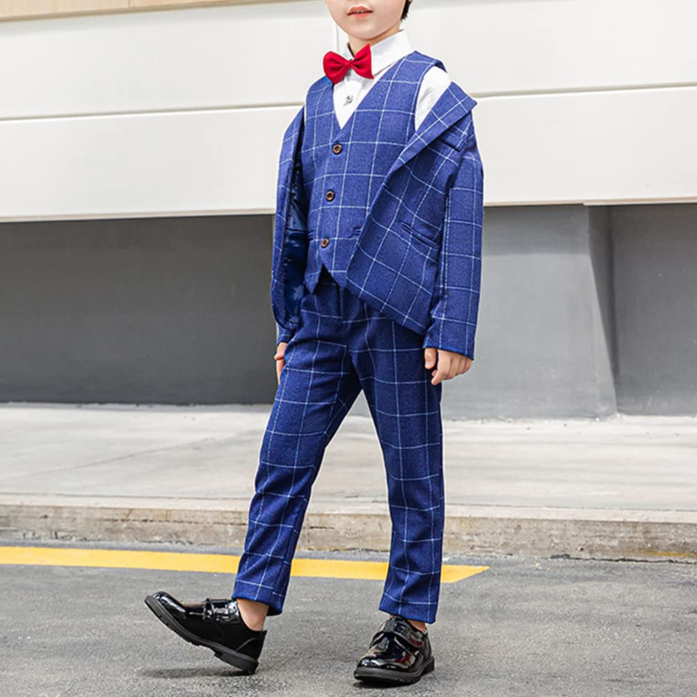 Traje de Boda para Niño,Trajes de Esmoquin de Caballeros para Fiesta Ceremonia Bautizo,Elegante Conjunto de 5 Piezas de Traje Formal a Cuadros Chaqueta+Chaleco+Camisa+Pajarita+Pantalones