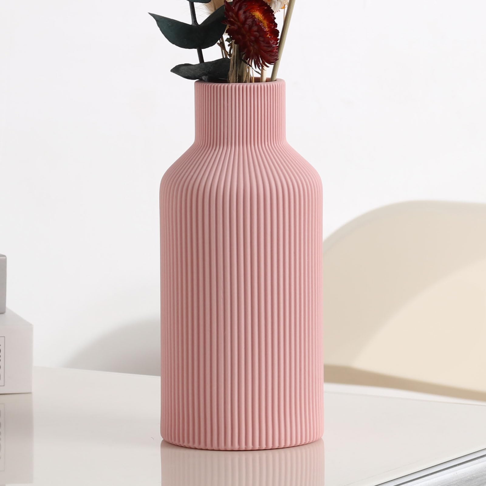 Pink Ceramic Vase for Decor,Minimalist Modern Home,Small Flower Vase for Pampas Grass,Table,Shelf Bookshelf Decor,Mantel and Entryway Decorative(8 in)
