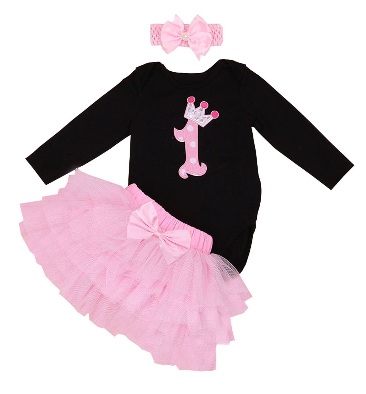 Babypreg Women's Black Pink Baby Girl's Long Sleeves 1St Birthday Tutu Outfit Dress Headband (12-18 Months, )