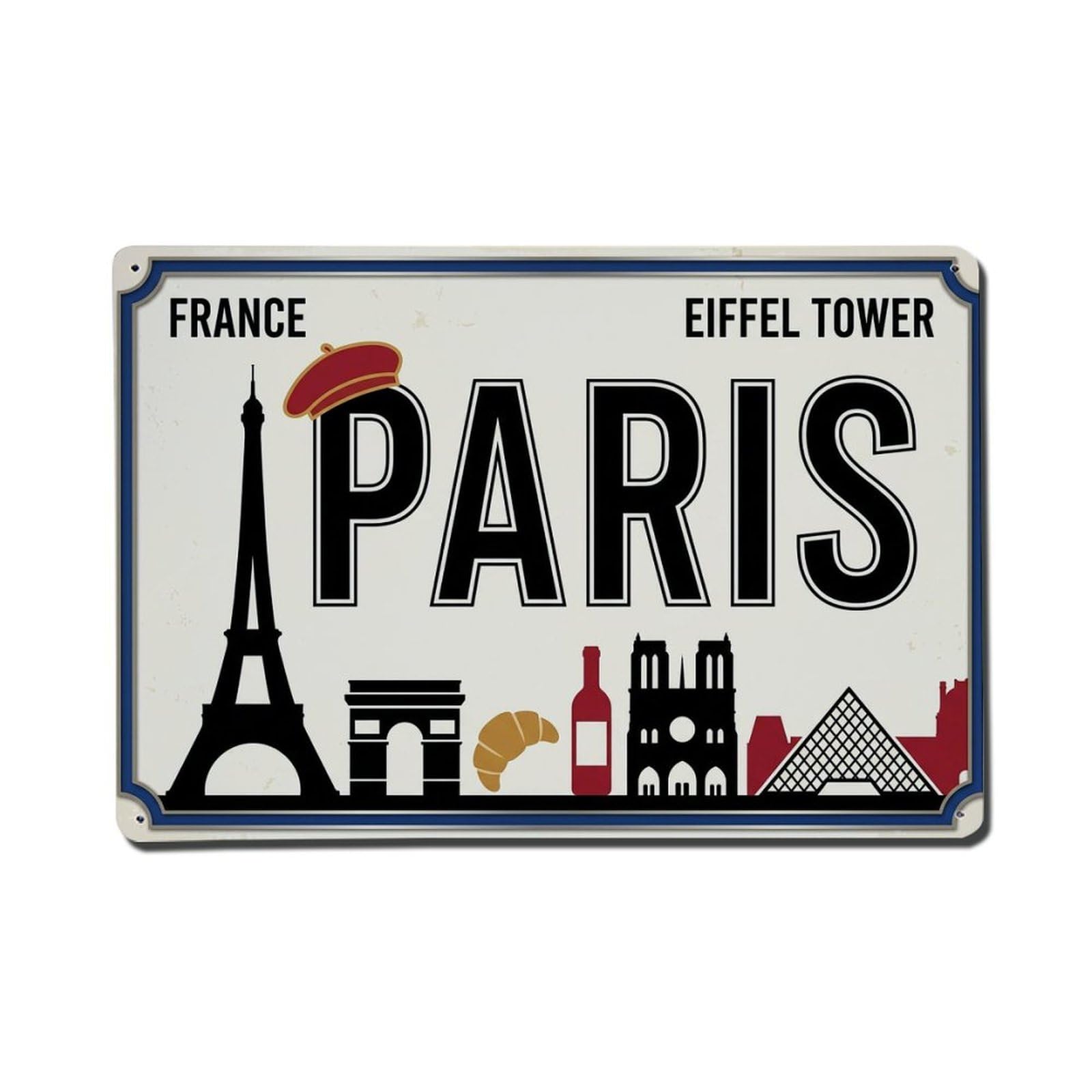 Xanthor Style Vintage Travel Paris France Eiffel Tower Croissant Metal Tin Sign