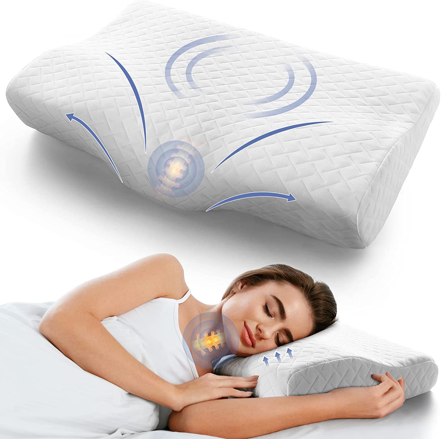 Cervical Bed Pillow for Sleeping Memory Foam Pillow for Neck Pain?Suitable Stomach, Side Sleepers, Orthopedic Contour Pillow with Washable Pillowcases